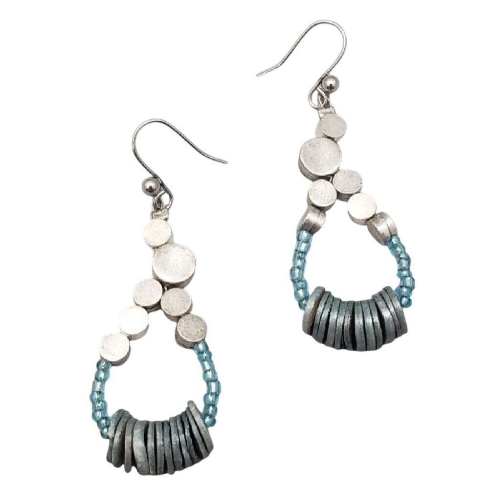 Vintage 1990s Chico’s Silver Teardrop Blue Beaded Dangle Earrings Mixed Metal
